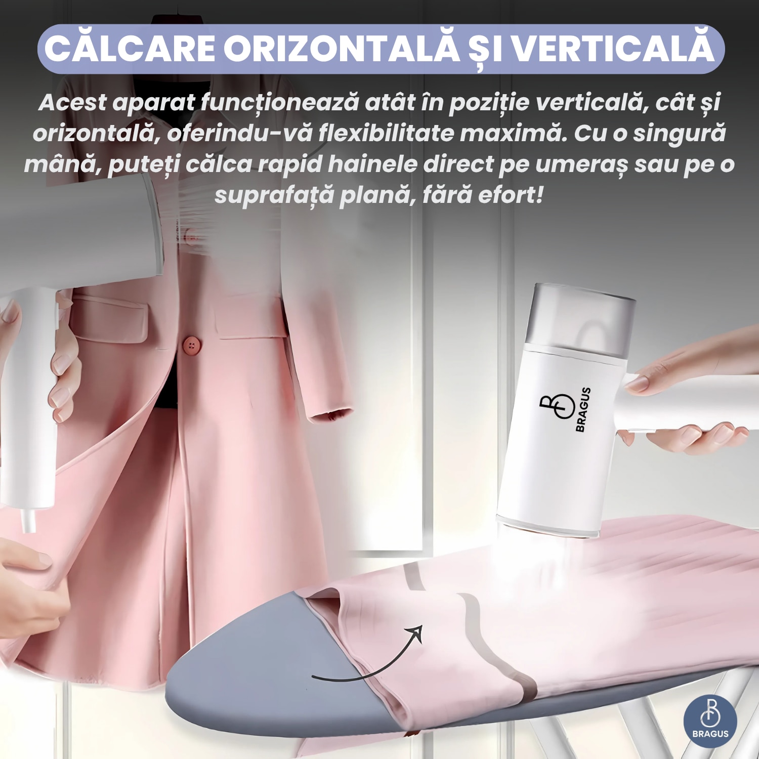 Aparat de Calcat Vertical cu Aburi, BRAGUS, Putere 1200W, Fier de Calcat Portabil, Compact si Pliabil, Calcare Orizontala si Verticala, Rezervor Detasabil 200ml, Suport de Perete Inclus, Incalzire Rapida in 20s, Tehnologie Anti-Scurgere, Abur 60g/min, Alb