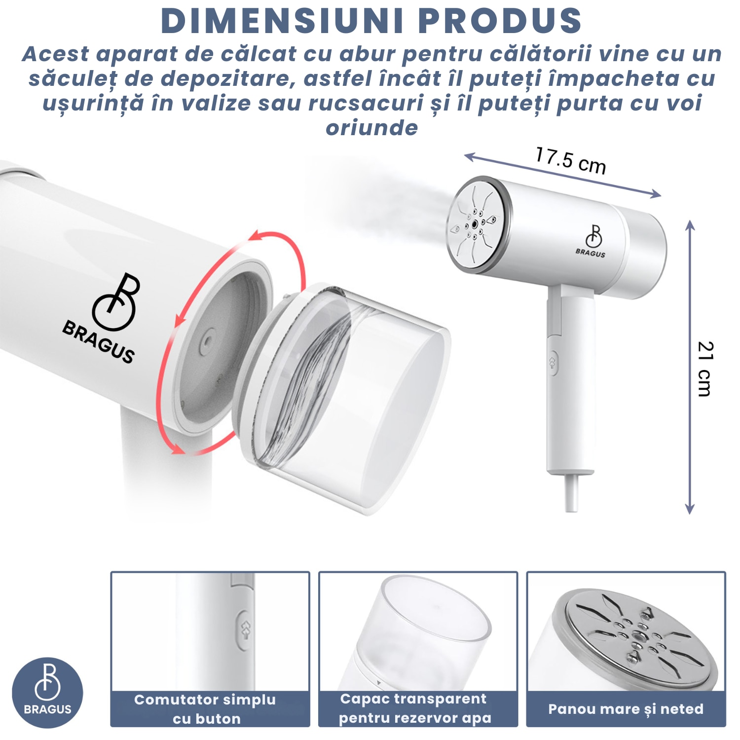 Aparat de Calcat Vertical cu Aburi, BRAGUS, Putere 1200W, Fier de Calcat Portabil, Compact si Pliabil, Calcare Orizontala si Verticala, Rezervor Detasabil 200ml, Suport de Perete Inclus, Incalzire Rapida in 20s, Tehnologie Anti-Scurgere, Abur 60g/min, Alb