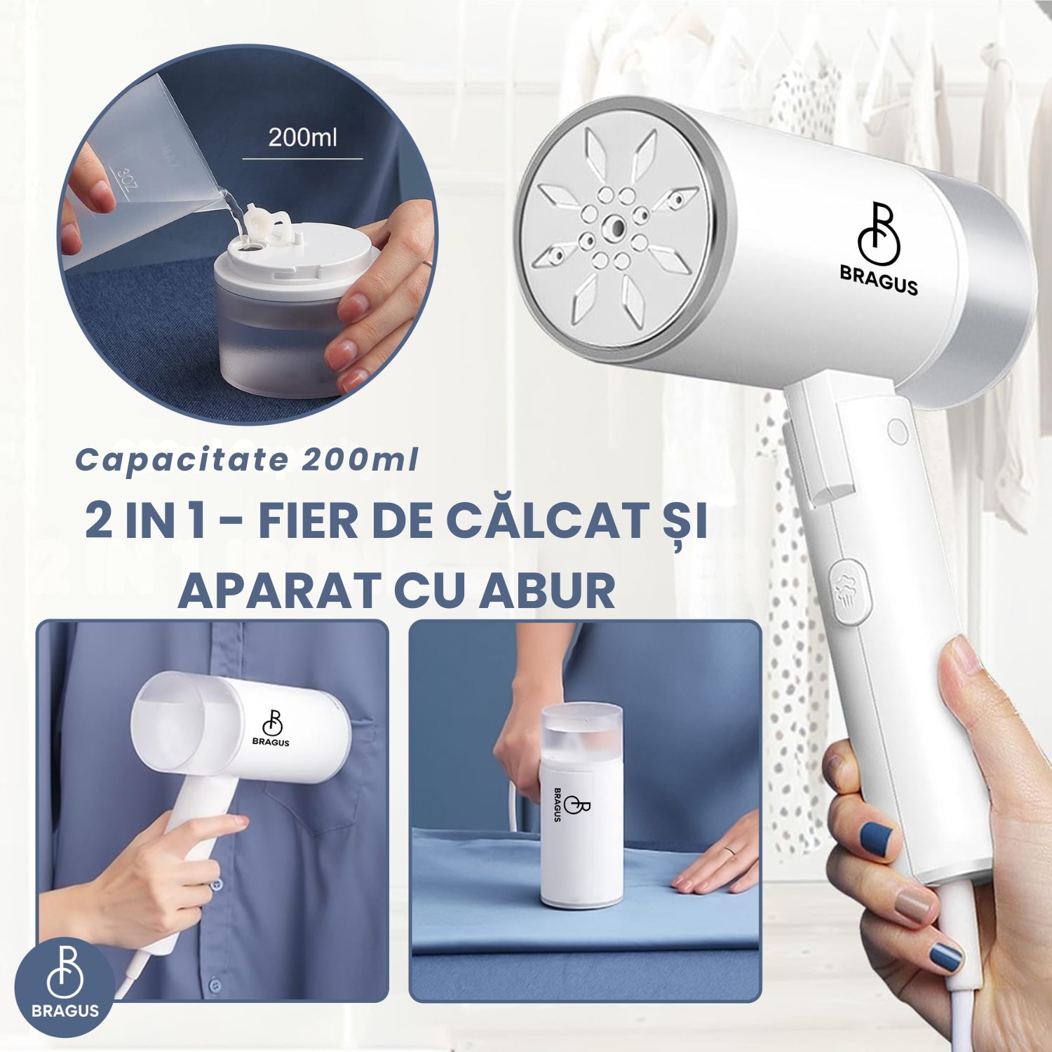 Aparat de Calcat Vertical cu Aburi, BRAGUS, Putere 1200W, Fier de Calcat Portabil, Compact si Pliabil, Calcare Orizontala si Verticala, Rezervor Detasabil 200ml, Suport de Perete Inclus, Incalzire Rapida in 20s, Tehnologie Anti-Scurgere, Abur 60g/min, Alb