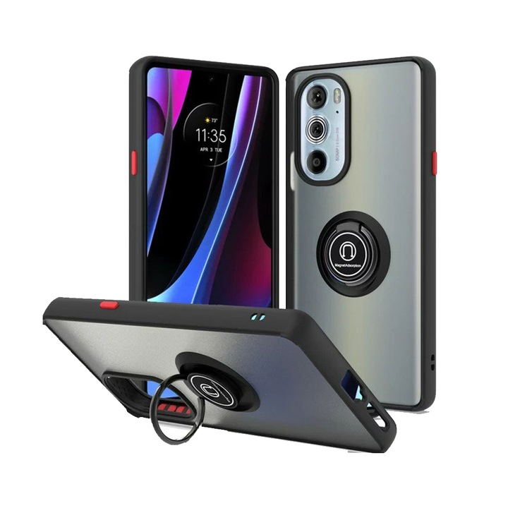 Husa Matte Ring Grip, Compatibil cu Motorola Edge 30 Pro, Antisoc Armor, Inel rotativ 360 grade, Magnet suport auto incorporat, Negru
