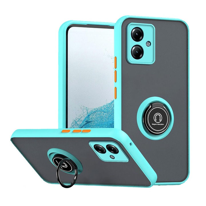 Husa Matte Ring Grip, Compatibil cu Motorola Moto G54 5G, Antisoc Armor, Inel rotativ 360 grade, Magnet suport auto incorporat, Albastru Deschis