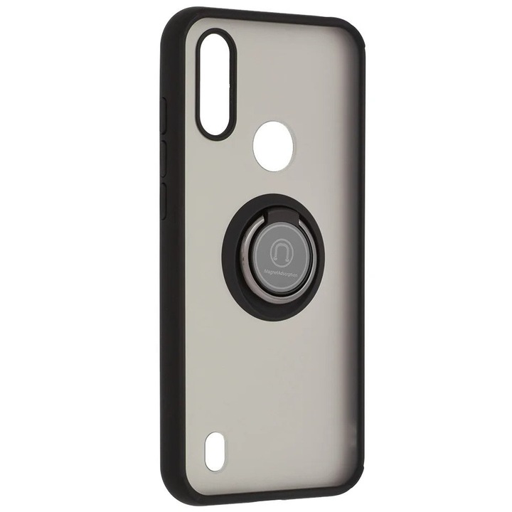Matte Ring Grip Cover, Съвместим с Motorola Moto E6i / E6s, Antisoc Armor, въртящ се на 360 градуса пръстен, Вграден опорен магнит за автомобил, Черен