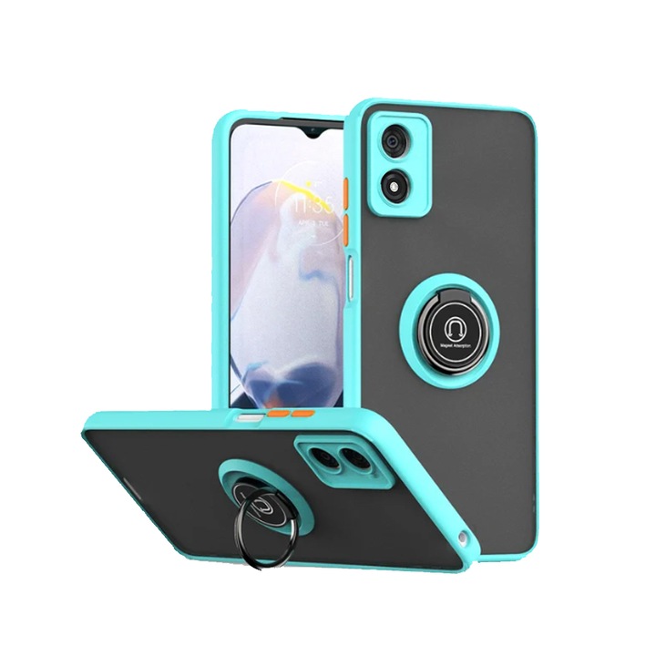Калъф, Съвместим с Motorola Moto E13 4G, Antisoc Armor, въртящ се на 360 градуса пръстен, Вграден опорен магнит за кола, Светлосин