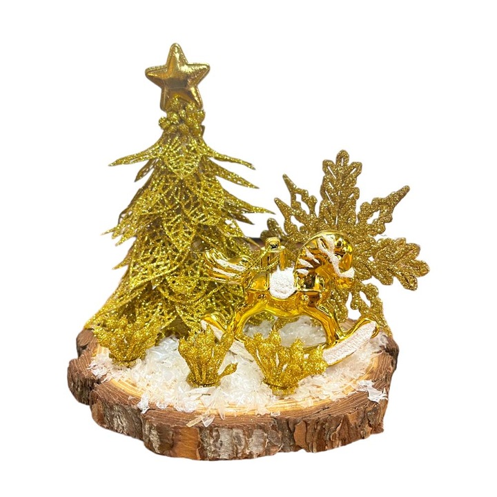 Decoratiune de masa Craciun, lucrata manual, cu bradut, Auriu, 16 x 16 cm