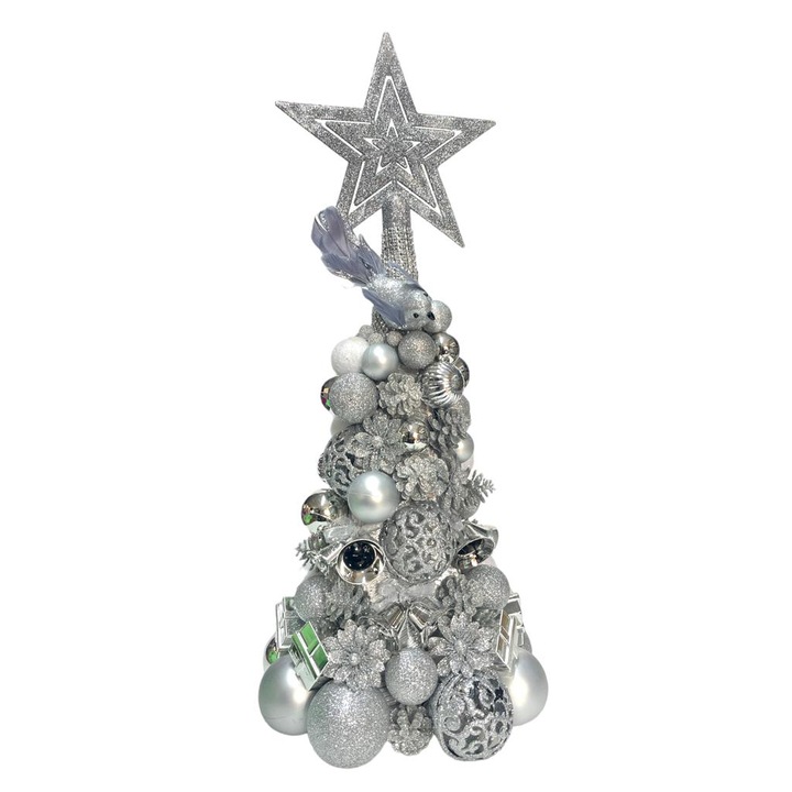 Brad decorativ de Craciun, lucrat manual, model SILVER, 58-60 CM, Argintiu