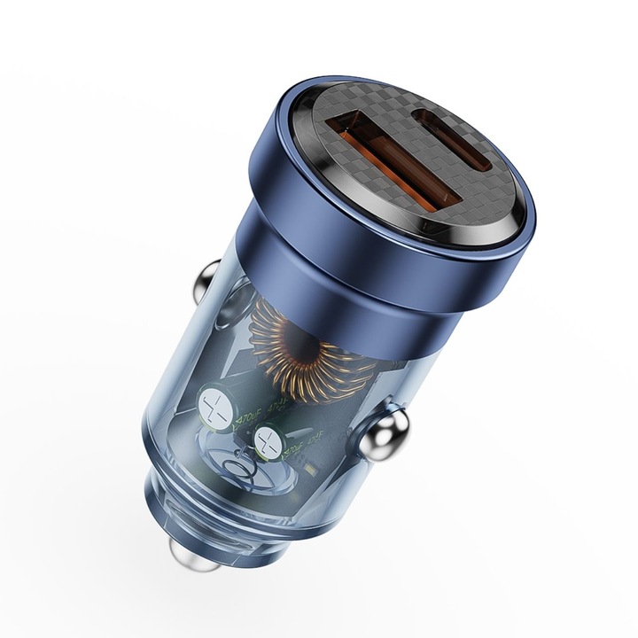 Autós töltő Lemontti Fast Charge Dual Port PD Type-C + USB QC, 45W, átlátszó / kék
