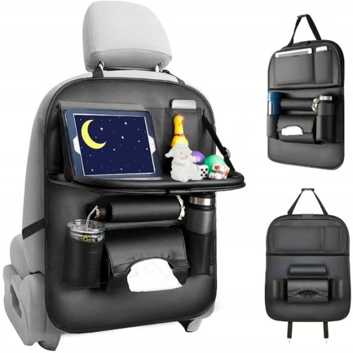 Organizator auto KOMAZI® multifunctional, cu suport pentru tableta si buzunare, piele sintetica+fetru, Negru