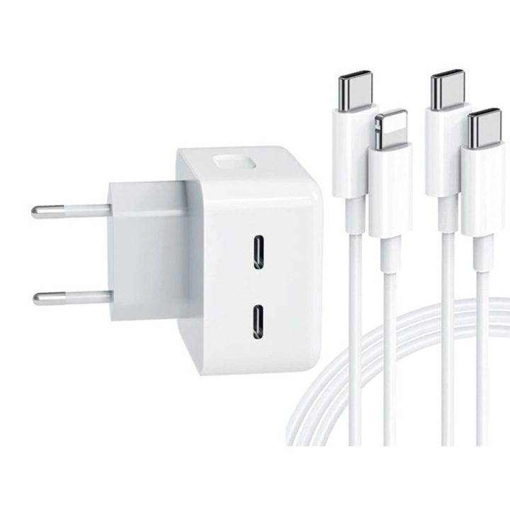 Set Incarcator 40W Dual USB-C, PD 3.0 Pentru IPhone 15pro, 15 ProMax, 14,13,12 pro max 1 Cablu Date C-C, 1 Cablu Date Lighting Usb-C, 2m