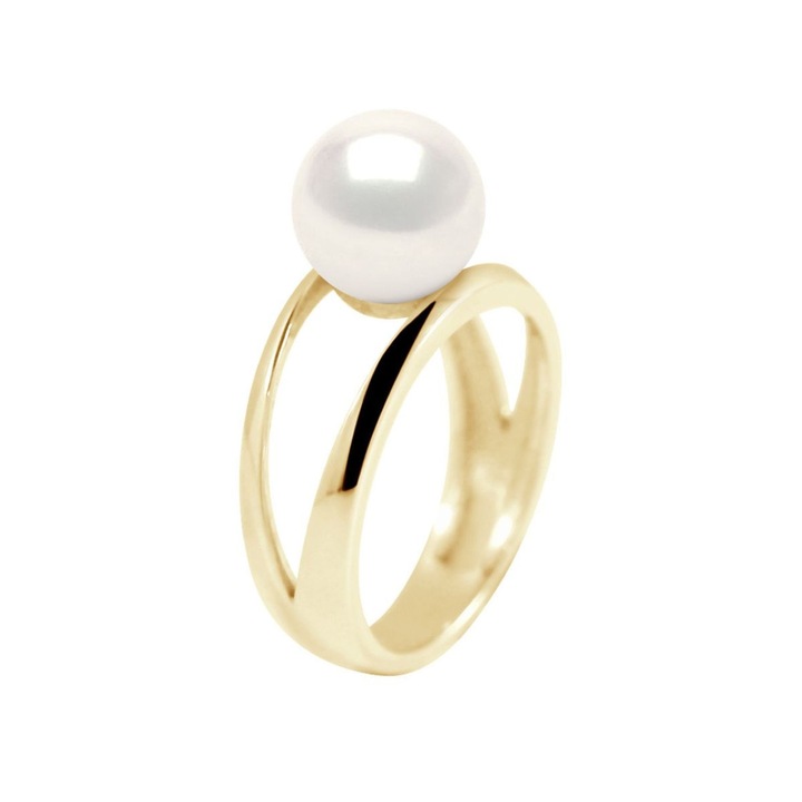 Inel de aur galben cu perla naturala alba, de cultura, calitate AAA+, 8-9 mm