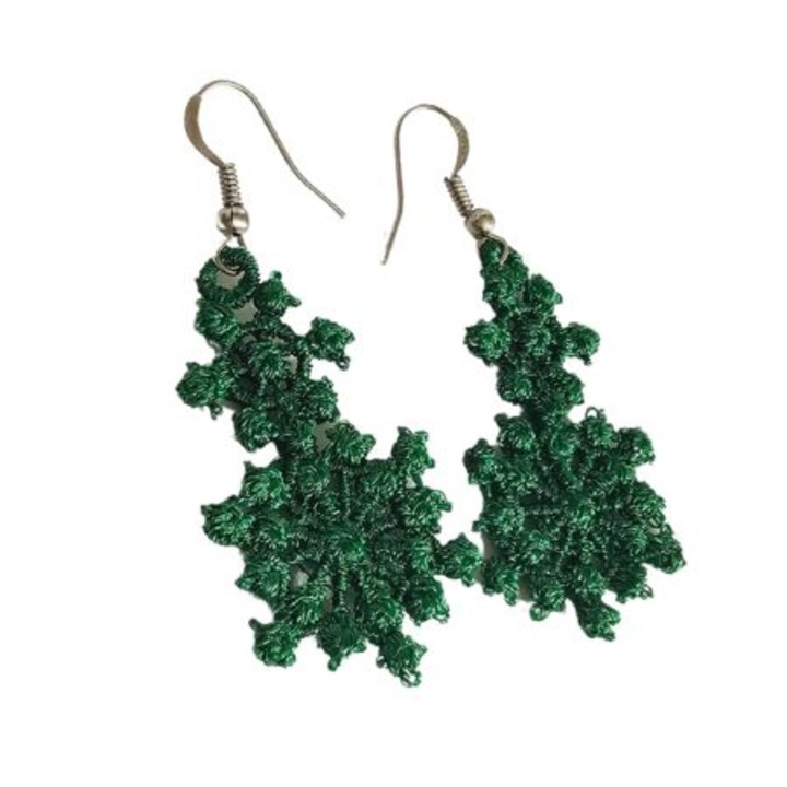 Cercei Brodati Ariale Zambetul Zapezii, fulgi de nea, verde smarald
