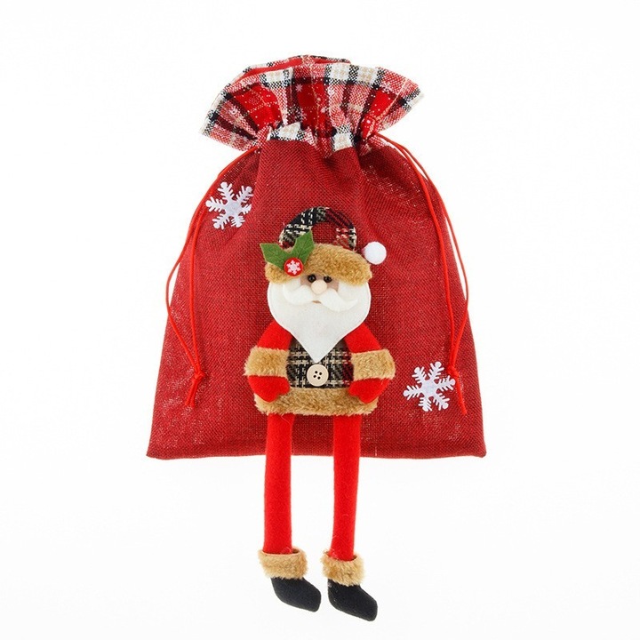Sac din textil pentru cadouri de Craciun, Flippy, Model Mos Craciun, 30x25 cm, Rosu