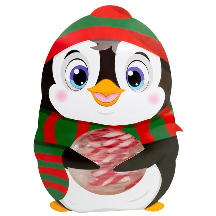 Acadele bastonase de Craciun, set de 10 bucati, comestibile, ambalate intr-o cutie decorativa in forma de pinguin