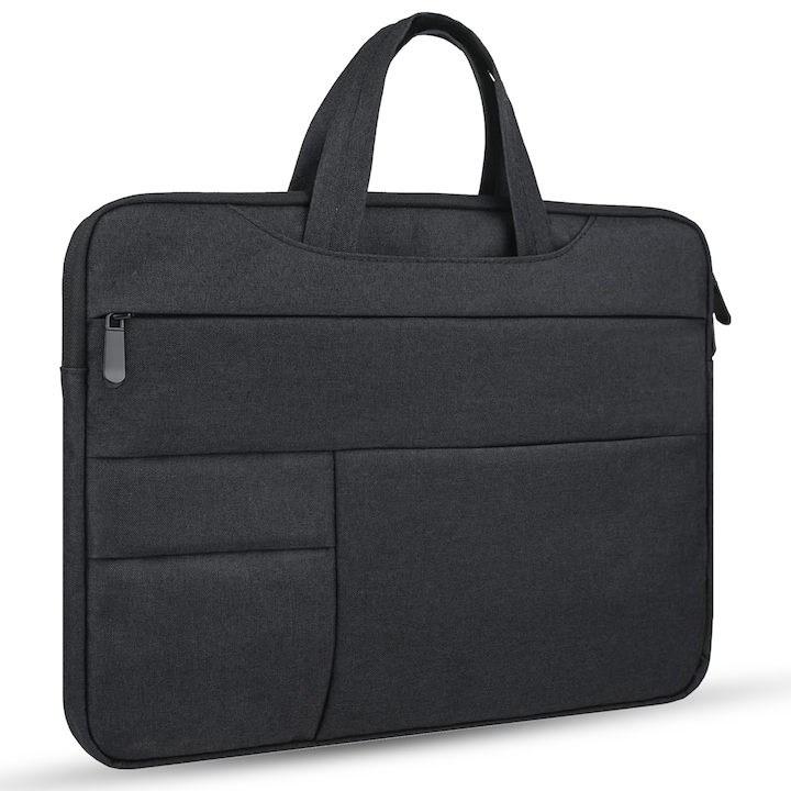 Geanta laptop portabila Timebox, 13'', 14'', 15'', 16'' inch, pentru notebook, ultrabook, captusit interior cu microfibra, 3 buzunare exterioare, impermeabila, compatibila Macbook Pro, Air, Negru