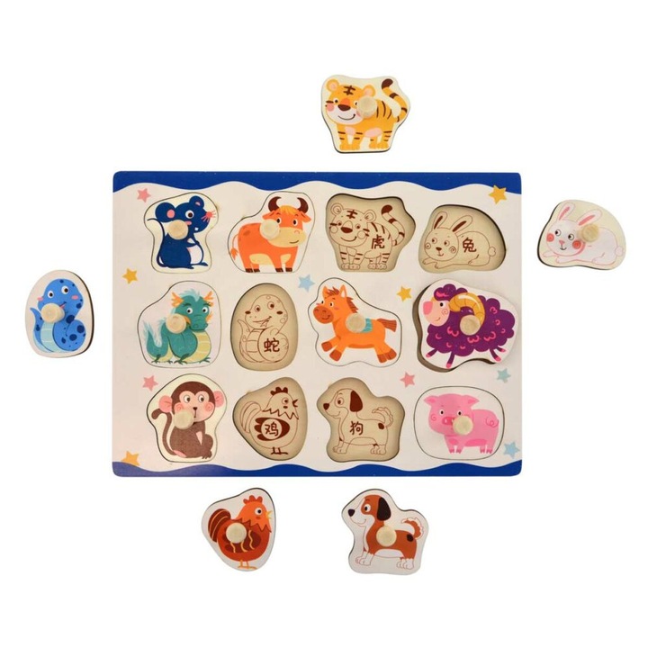 Puzzle cu manere - figurina de animale, 12 forme