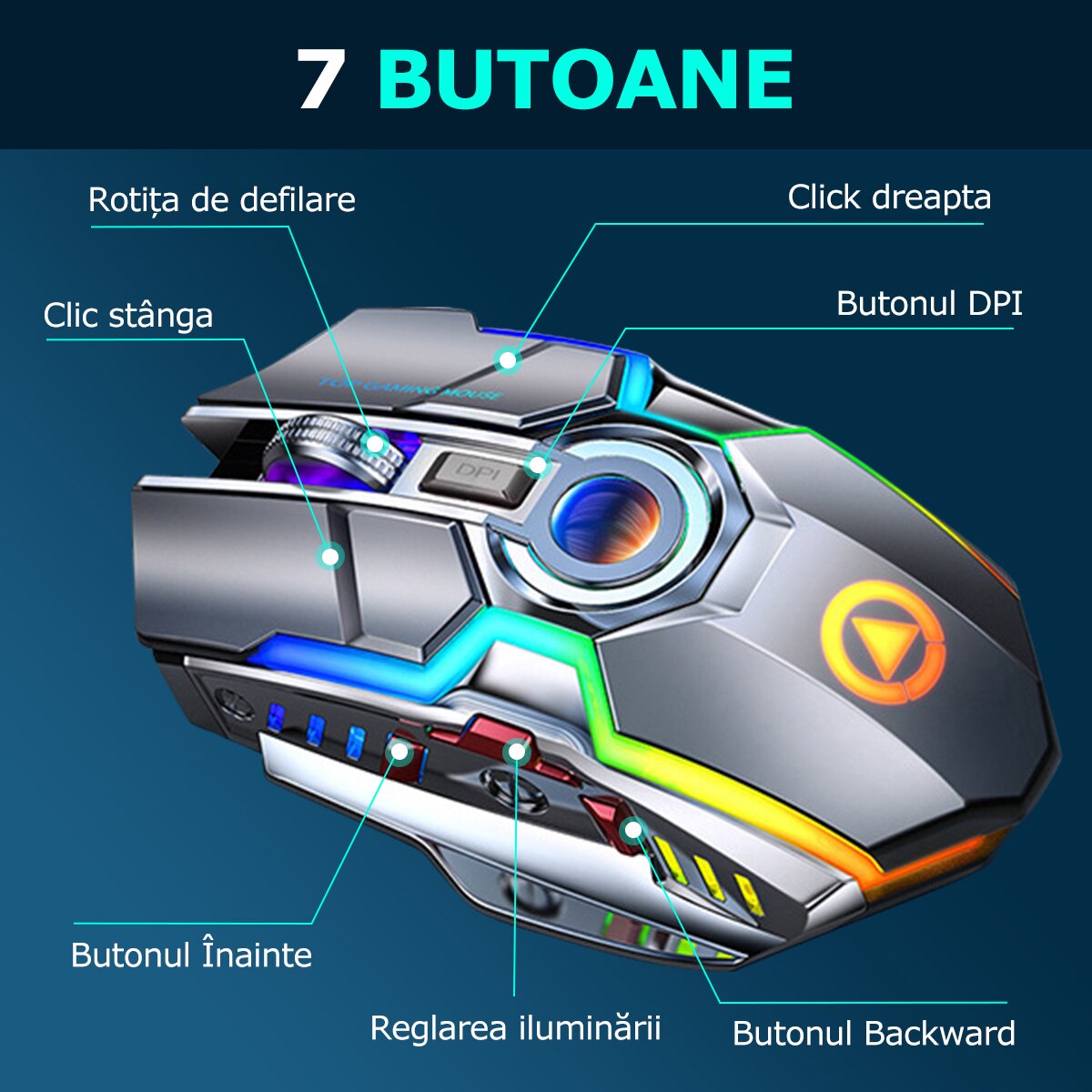 Mouse Gaming Wireless, Xinxu, 7 Butoane, 7 efecte de, 1600DPI