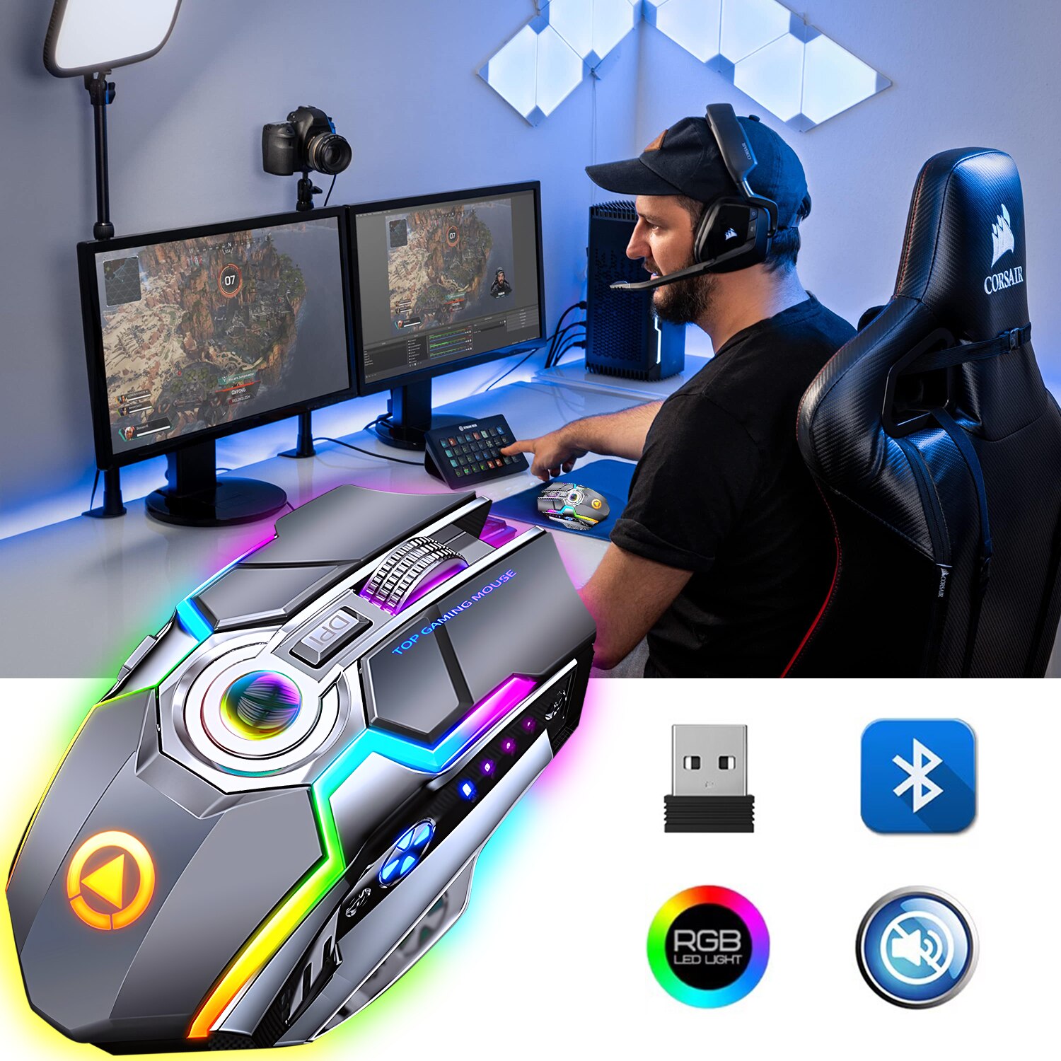 Mouse Gaming Wireless, Xinxu, 7 Butoane, 7 efecte de, 1600DPI