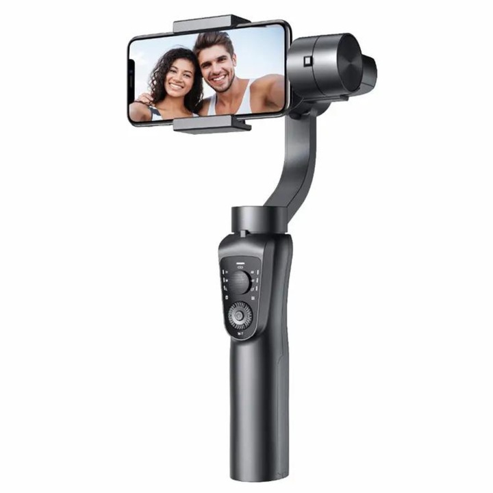 Stabilizátor Gimbal, háromtengelyes telefon-tartó, iOS és Android alkalmazás, Bluetooth, Időugrás, Zoom vezérlés, Automatikus Arc Követés, Tartalmaz állványt, Univerzális, 3 tengelyen állítható, 4000mAh, 12 órás üzemidő, USB töltés, Fekete