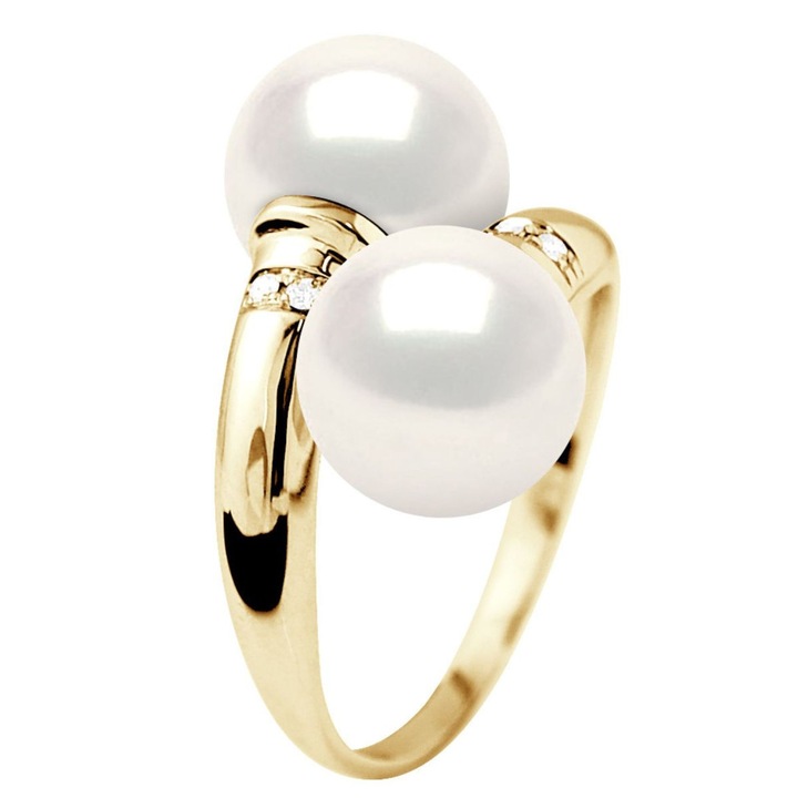 Inel din aur cu perle albe de cultura si diamante naturale 0,040 Ct, perle calitate AAA+, 8-9 mm