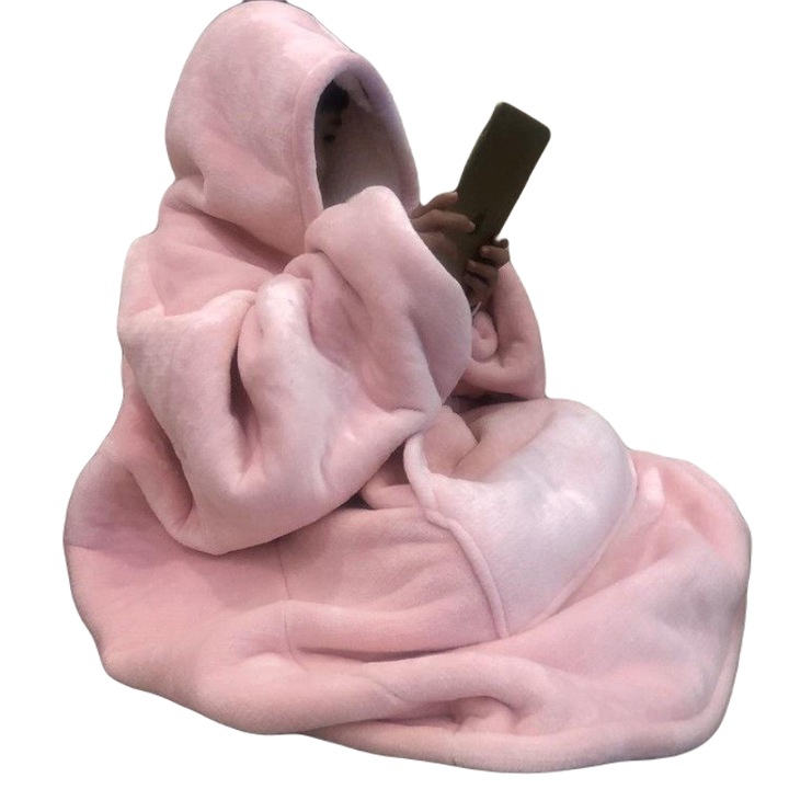 Зимно одеяло тип пижама с качулка и джобове, плюш, 150 см, пудрово розово