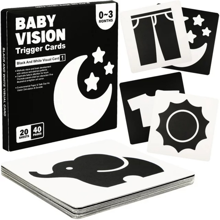 Set 20 carduri stimulare vizuala bebelusi, cartonase cu imagini alb negru interactive, 0-3 luni, SARALMA®
