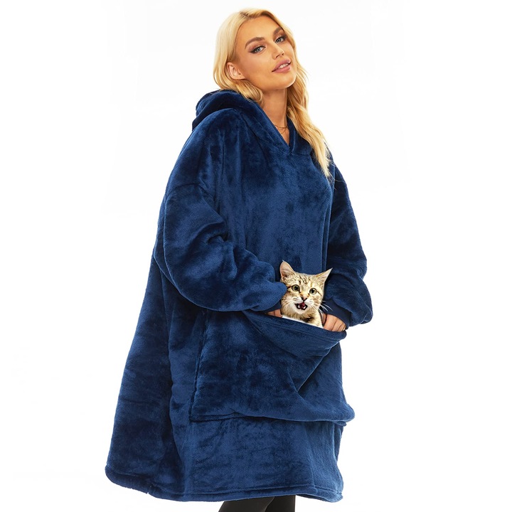 Hanorac patura, confortabil si calduros, material moale, larg, potrivire universala, pentru interior si exterior, usor de intretinut - HOODZIE albastru