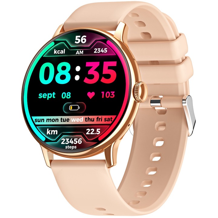 Ceas SmartWatch ISP LikeSmart™​​​​​​​ Chic FiT, 1.43" AMOLED, Apel Bluetooth, Oximetru SpO2, Monitorizare Ritm Cardiac, Notificari Apel si Retele Sociale, Curea Silicon, Chic Gold