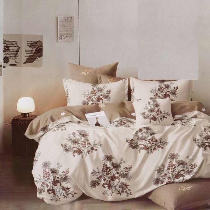Фино двойно спално бельо от памук 6 части с ластик на чаршафа 180 х 200 см, Есенни цветя, Бежово, Ralex Pucioasa HF6P124