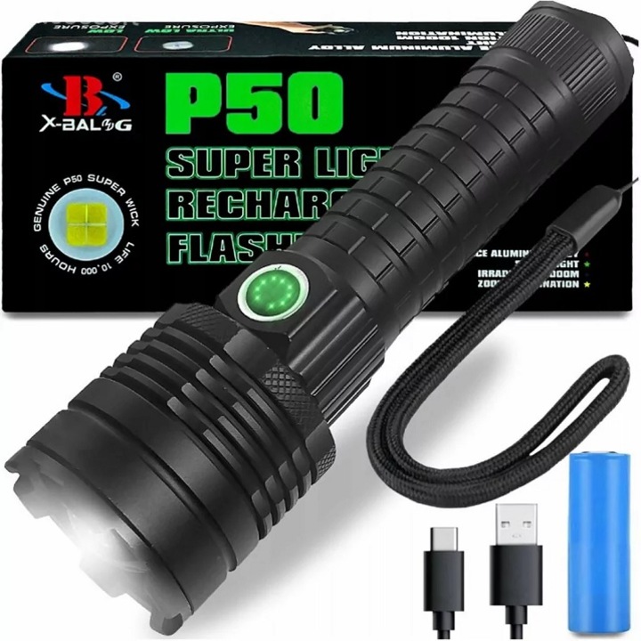 Тактическо фенерче с LED светлина XHP50, професионално, USB зареждане, 5 светлинни режима, регулируем фокус/мащабиране, включена батерия 18650, обхват 1000 м, първокласно качество, черен