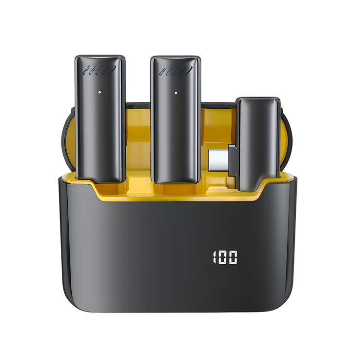 2 vezeték nélküli Lavalier mikrofon készlet, 1 vevő, Plug and Play, C típusú, töltőtok, automatikus szinkronizálás és zajcsökkentés, YouTube, TikTok, videófelvétel, interjúk, élő adások, 600 mAh-s akkumulátor, matt fekete