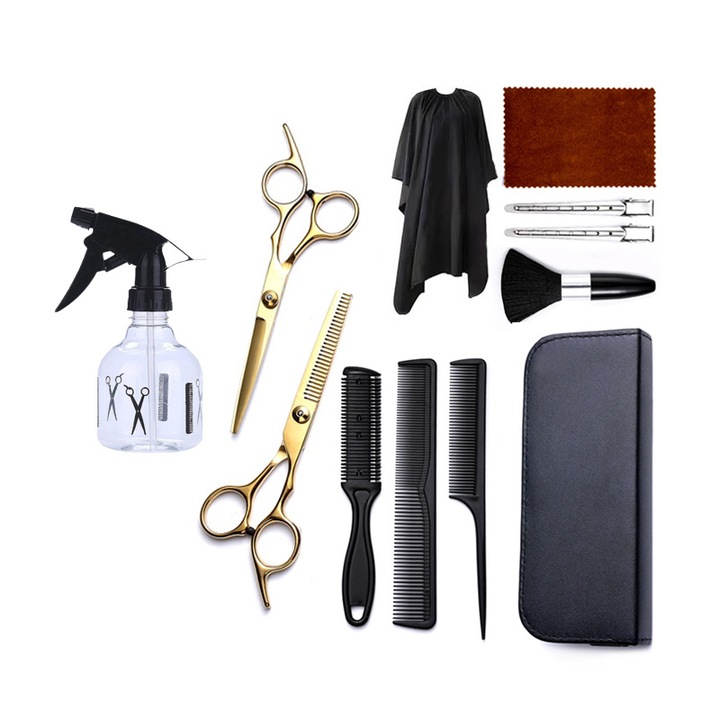 Set foarfece pentru tunsoare, LXNZUHN®, Pelerina/Pieptene/Perie/Foarfeca, 17.5cm, Multicolor