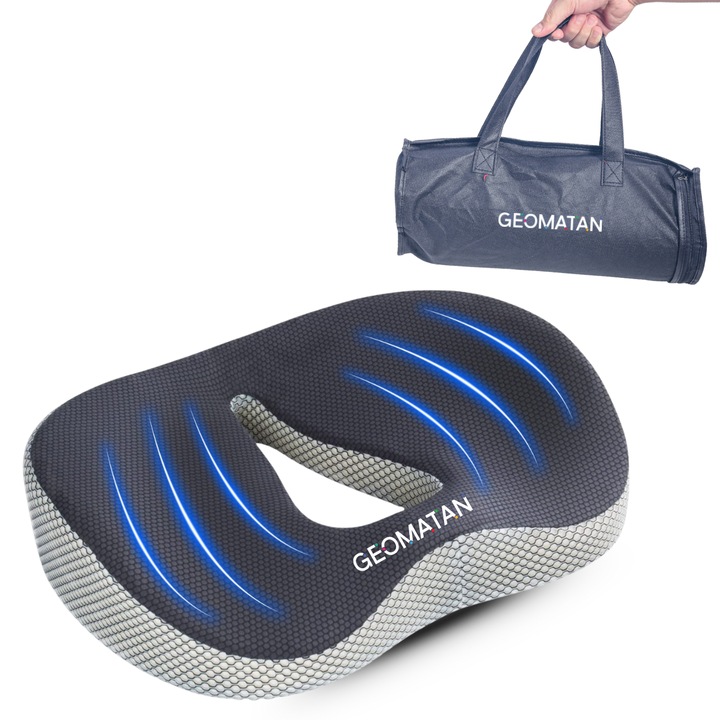 Perna ortopedica sezut GEOMATAN® si Sac de Transport CADOU, Spuma cu memorie Premium, pentru scaun de birou sau masina, confort Coccis, Antiescara, Husa respirabila, zona Lombara, Sciatica, Dureri de sold, Hemoroizi, pana la 120 kg, 46x38x8/11cm, Gri