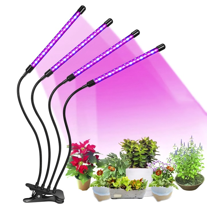 Lampa UV full spectrum pentru cresterea plantelor cu 4 brate flexibile, 36 w, temporizator, 10 trepte intensitate, Grad protect IP44