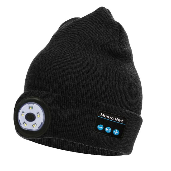 Unisex sapka Bluetooth 5 LED lámpával, beépített sztereó hangszórókkal és mikrofonnal, futáshoz, túrázáshoz, férfiaknak, nőknek, Fekete