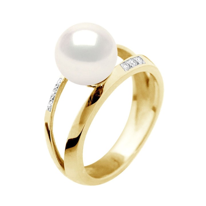 Inel din aur galben, cu perla alba de cultura, calitatea AAA+, 8-9 mm, si diamante naturale 0,060 ct