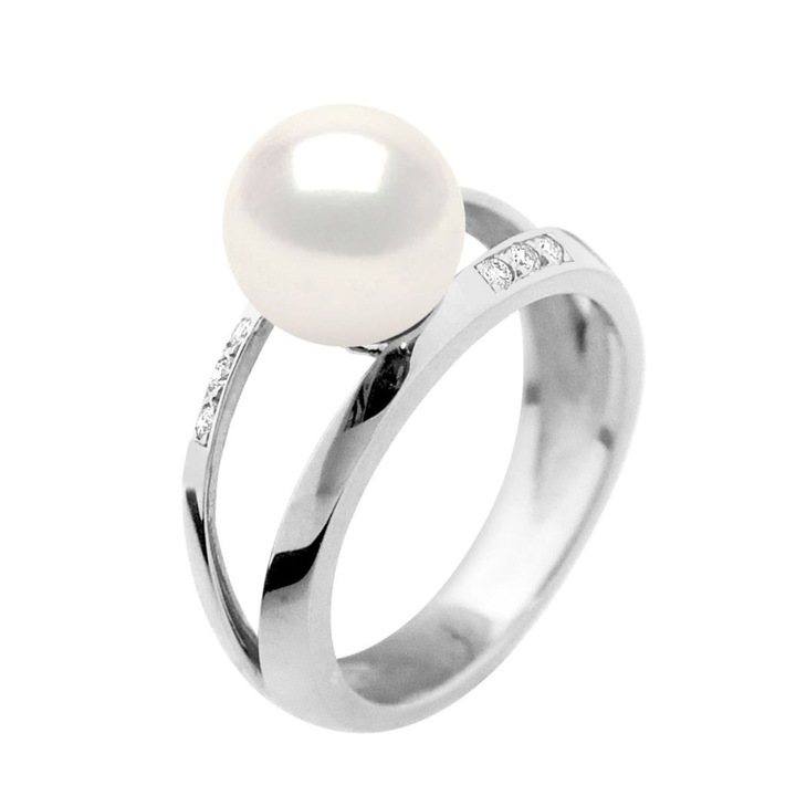 Inel din aur alb, cu perla alba de cultura, calitatea AAA+, 8-9 mm, si diamante naturale 0,060 ct