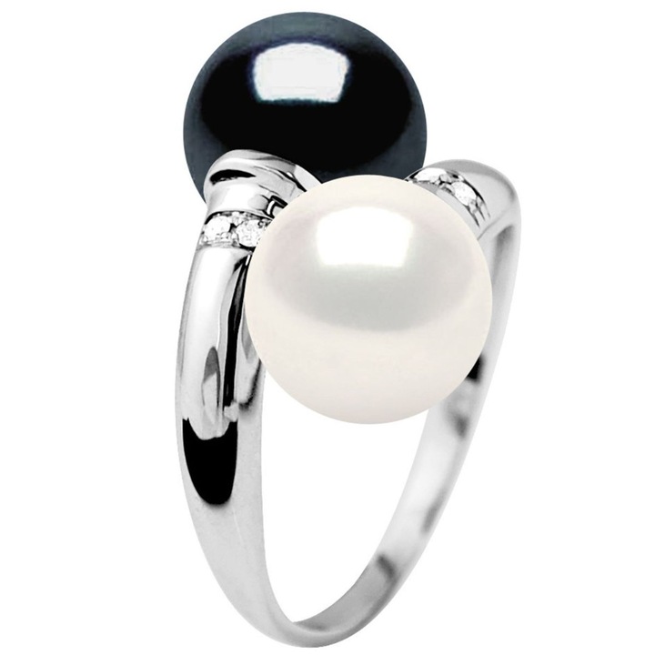 Inel din aur alb, perle de cultura si diamante naturale 0,040 Ct, calitate AAA+, 8-9 mm, negru profund & alb natural