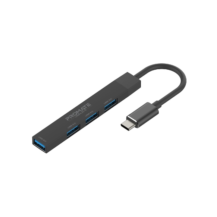 Хъб ProMate, LITEHUB-4, 4-in-1, Multi-Port, USB-C Data Hub, USB-A Adaptor, 5V, 1A, Черен