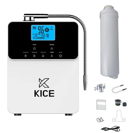 Ionizator de apa alcalina Kice®, 11placi din titan, auto-curatare, 7 tipuri de apa, volum filtrare 8000 l, afisaj digital, parametri: debit, temperatura, pH apa, contor filtru, valoare ORP, Alb, plus un filtru de apa inclus, Alb