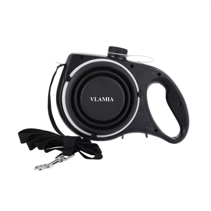 Lesa pentru caini, VLAMIA, multifunctionala 5 in 1, banda puternica cu lungimea de 1, 35 m, rezervor pentru apa, bol din silicon, cu maner anti-alunecare, Negru