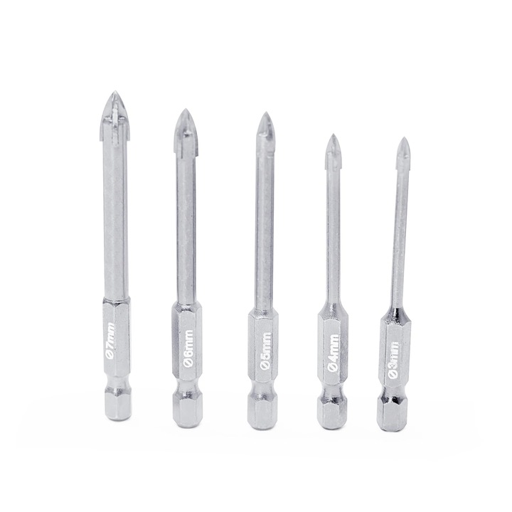 Set 5 Burghie cu carot, WEITARI, Carbura cimentata, 3/4/5/6/7mm, Argintiu