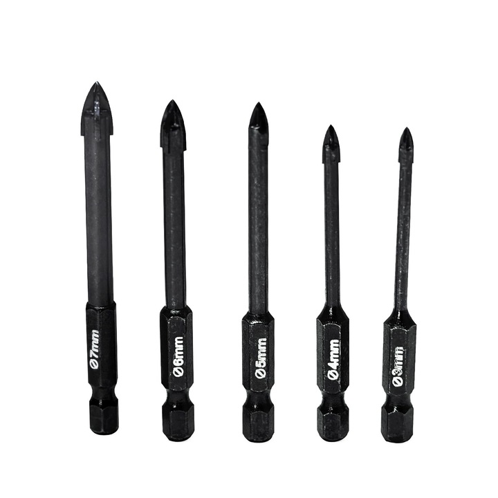 Set 5 Burghie cu carot, WEITARI, Carbura cimentata, 3/4/5/6/7mm, Negru