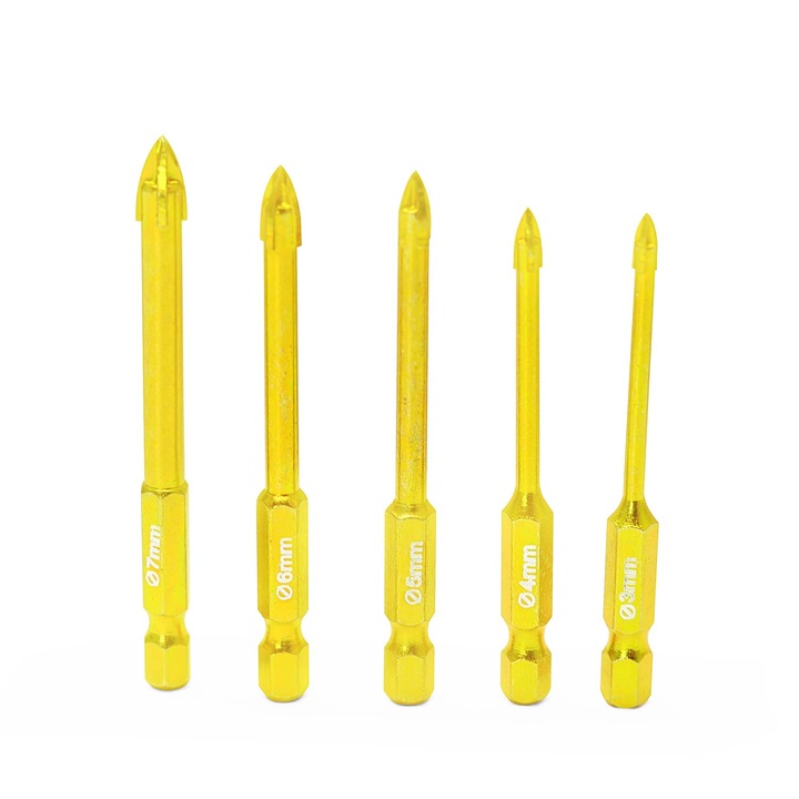 Set 5 Burghie cu carot, WEITARI, Carbura cimentata, 3/4/5/6/7mm, Auriu