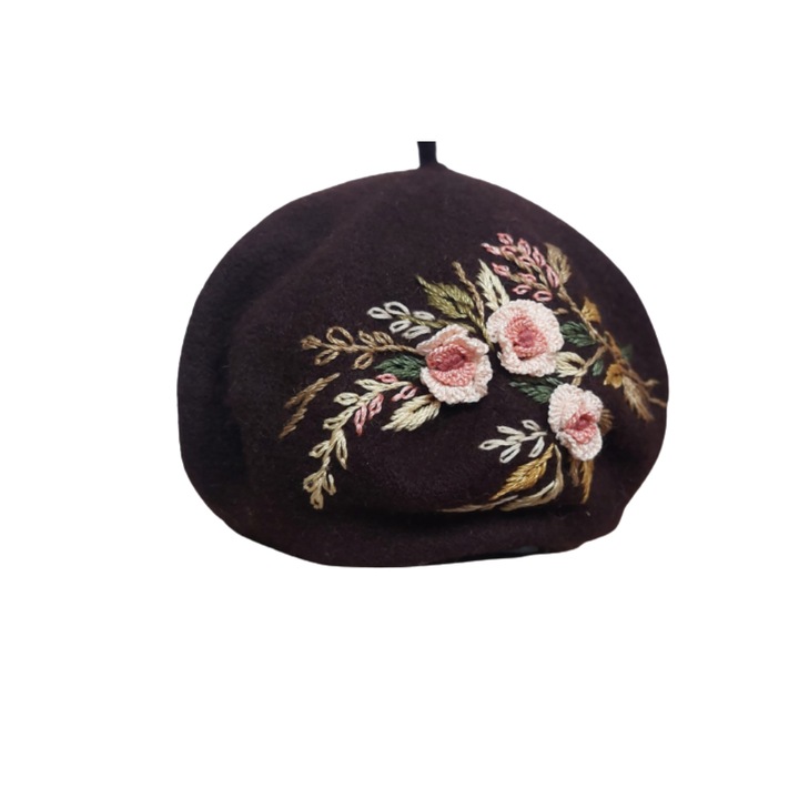 Bereta din lana - Brodata Manual maro inchis 55cm