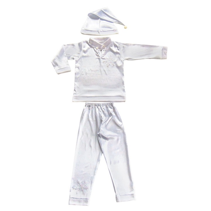 Costum serbare Craciun copii Fulg de nea, zapada, cu caciula, alb, 7-8 ani