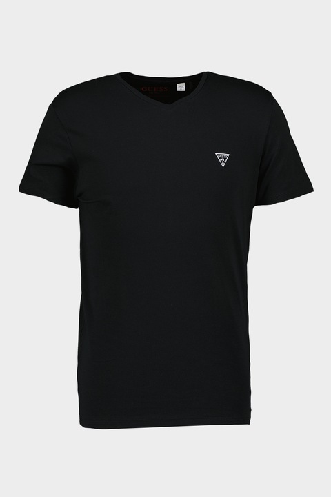 GUESS, Слим тениска с шпиц, Бял/Черен