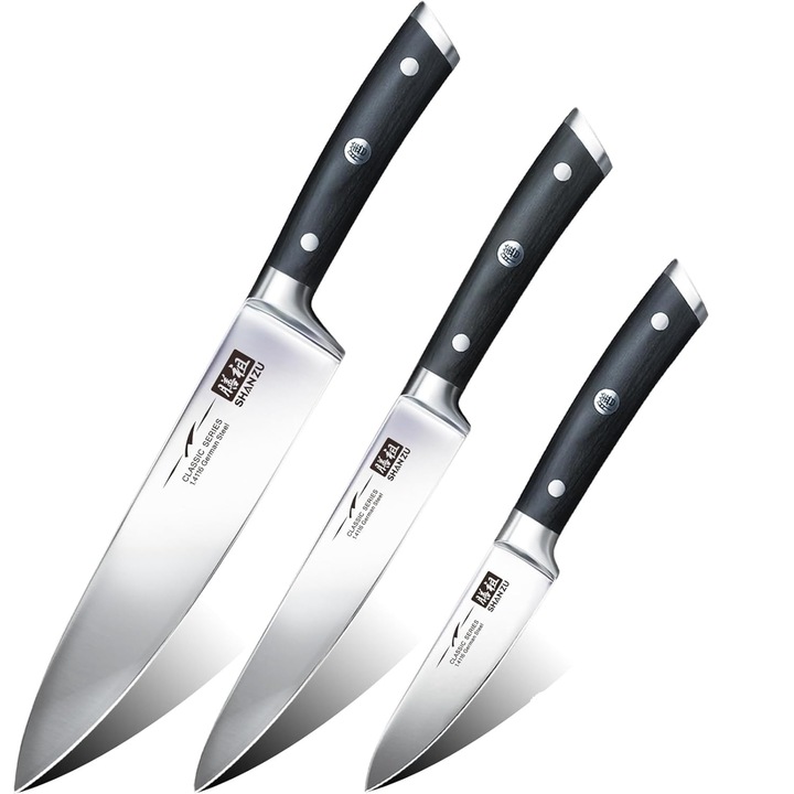 Set 3 cutite de bucatarie, SHAN ZU, Otel, 210mm/153mm/120mm, Argintiu/Negru