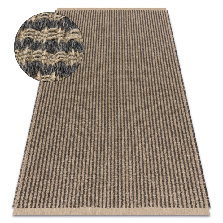 Covor jute 3650 negru / bej linii - iuta, DYWANY ŁUSZCZÓW tesut plat, franjuri, 200x290 cm
