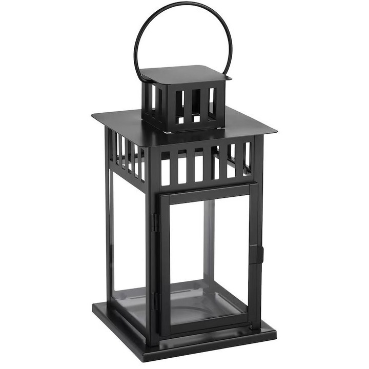 Felinar decorativ pentru lumanare, metal/sticla, interior/exterior, negru, 15x15x27 cm