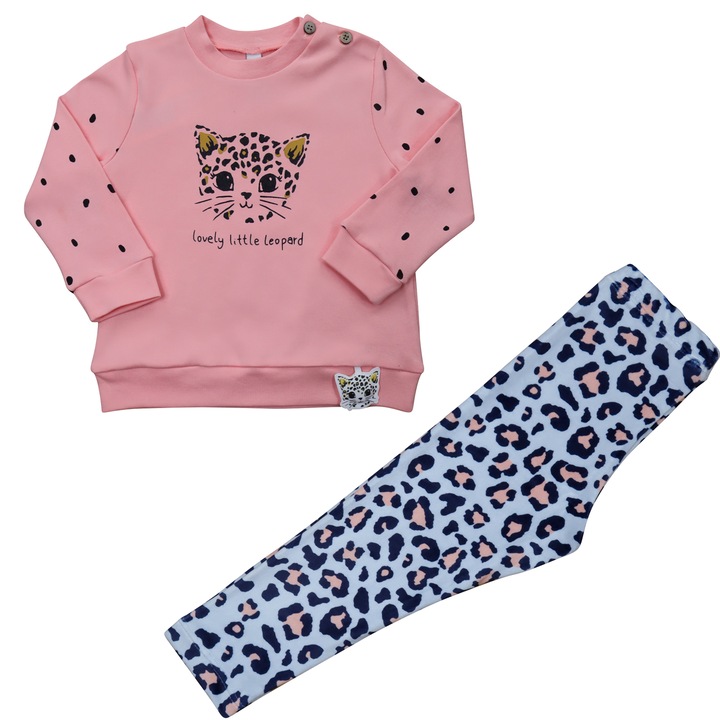 Compleu 2 Piese Pentru Fete "Lovely Leopard" Bluza Maneca Lunga Si Colanti Din Catifea, Print Leopard, Coral