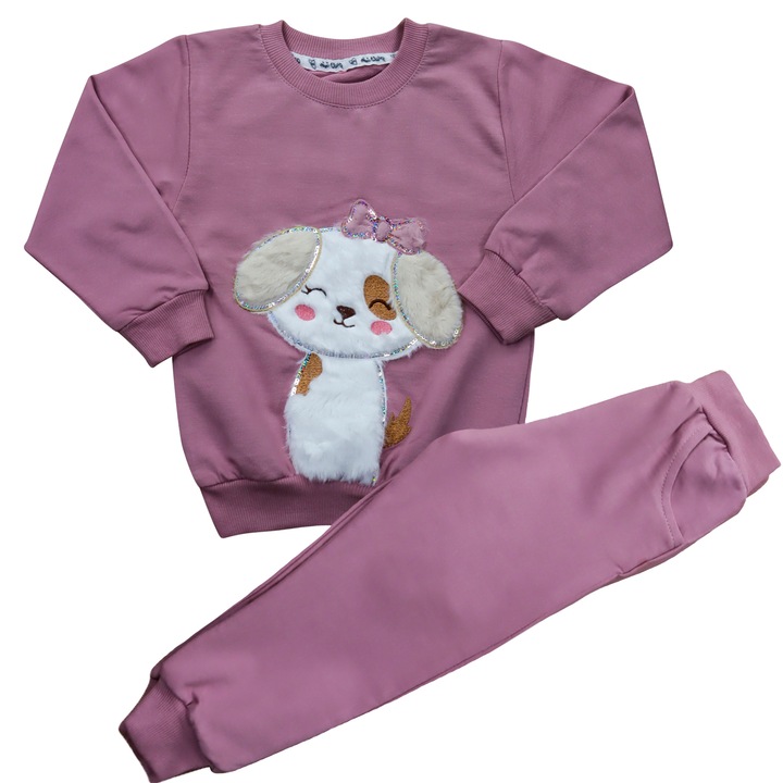 Compleu 2 Piese, Pentru Fete, "Catelus" Bluza Maneca Lunga Si Pantaloni Lungi, Bumbac, Violet tyrian